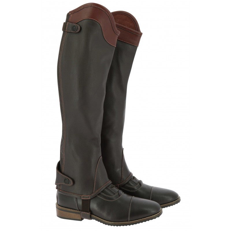 Equitheme Elite full-grain leather half-chaps dark brown with brown top – front view, YKK zip and snap buttons at Ekkivibes