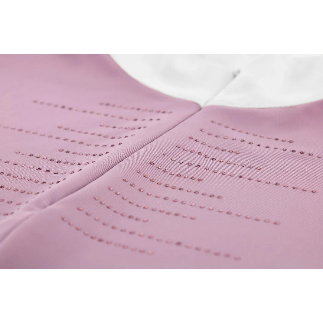 Close-up of Suzanne purple polo rhinestone chest detail – junior equestrian competition polo by Equitheme