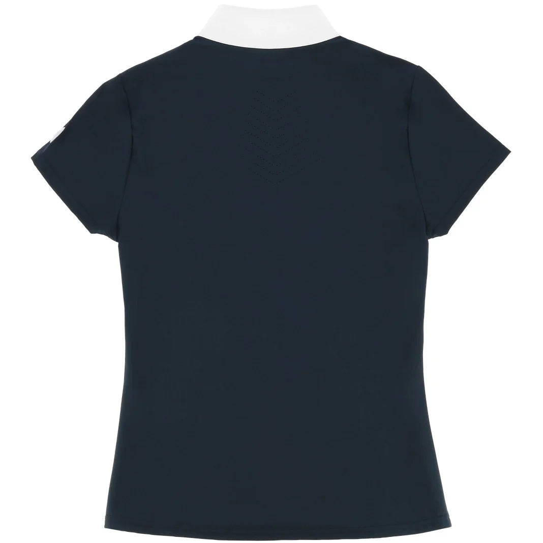 Suzanne navy junior competition polo shirt back view – laser-cut ventilation panels by Equitheme at Ekkivibes