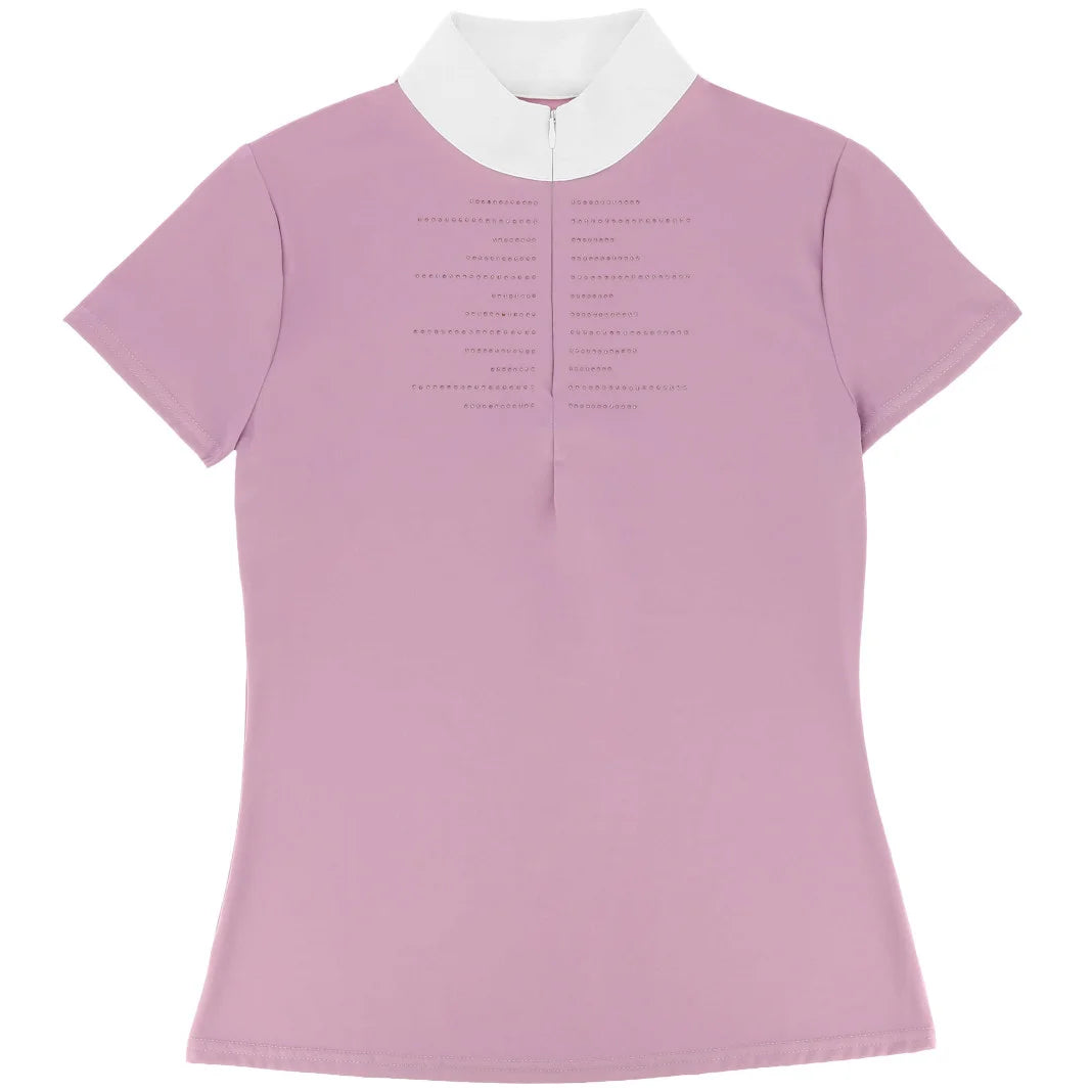 Suzanne purple junior competition polo shirt front view – rhinestone detail and white stand-up collar by Equitheme