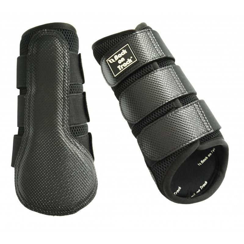 Back on Track Welltex black 3D mesh brush boots pair with hook-and-loop closures and Back on Track badge – ceramic horse leg protection sold in pairs at Ekkivibes