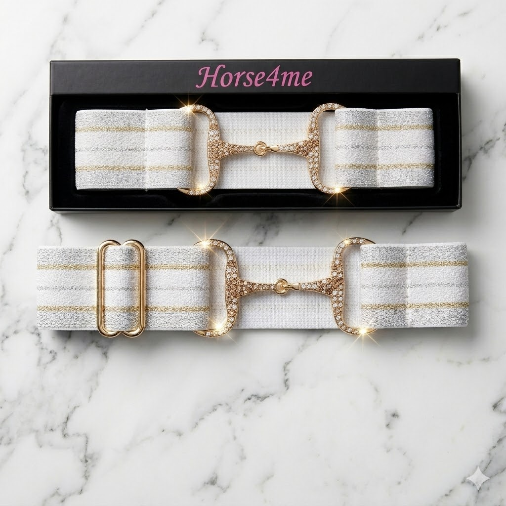 Horse4Me white gold silver elastic equestrian belt – rhinestone buckle riding belt by Horse4Me at Ekkivibes