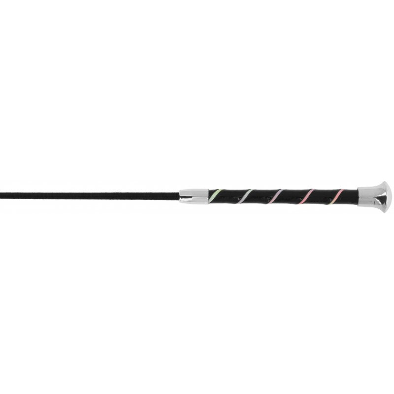 W&go Candy Whip black with multicolored spiral handle and chrome ferrule – colorful riding crop at Ekkivibes
