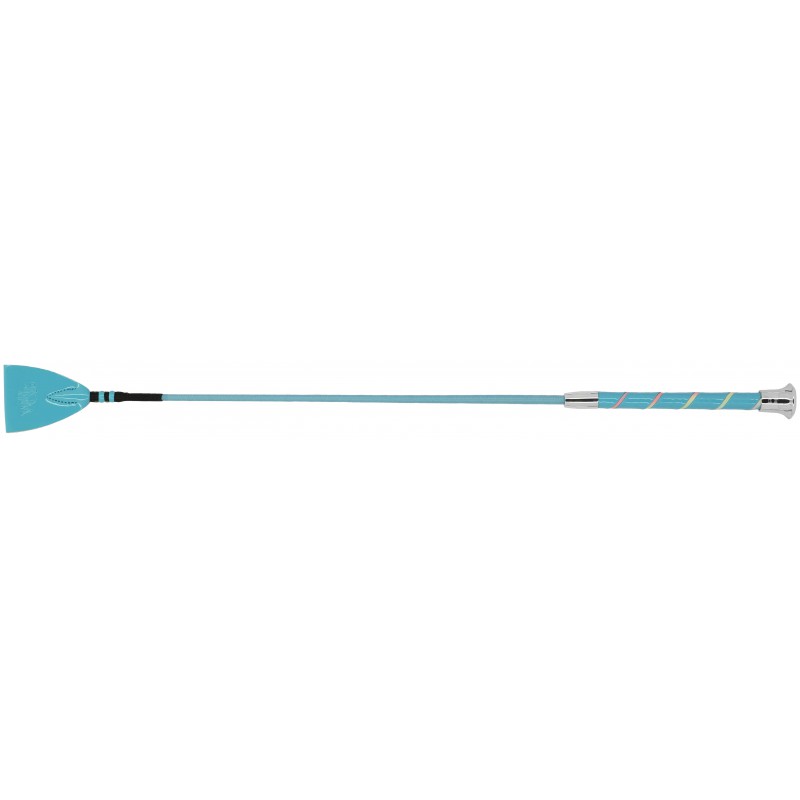 W&go Candy Whip blue with multicolored spiral handle and wide rounded blade – colorful riding crop at Ekkivibes