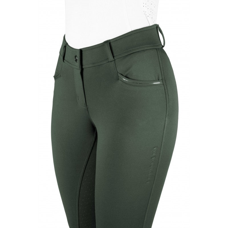 Carly khaki riding leggings pocket detail – elasticated phone pocket and rhinestone trim by Equitheme
