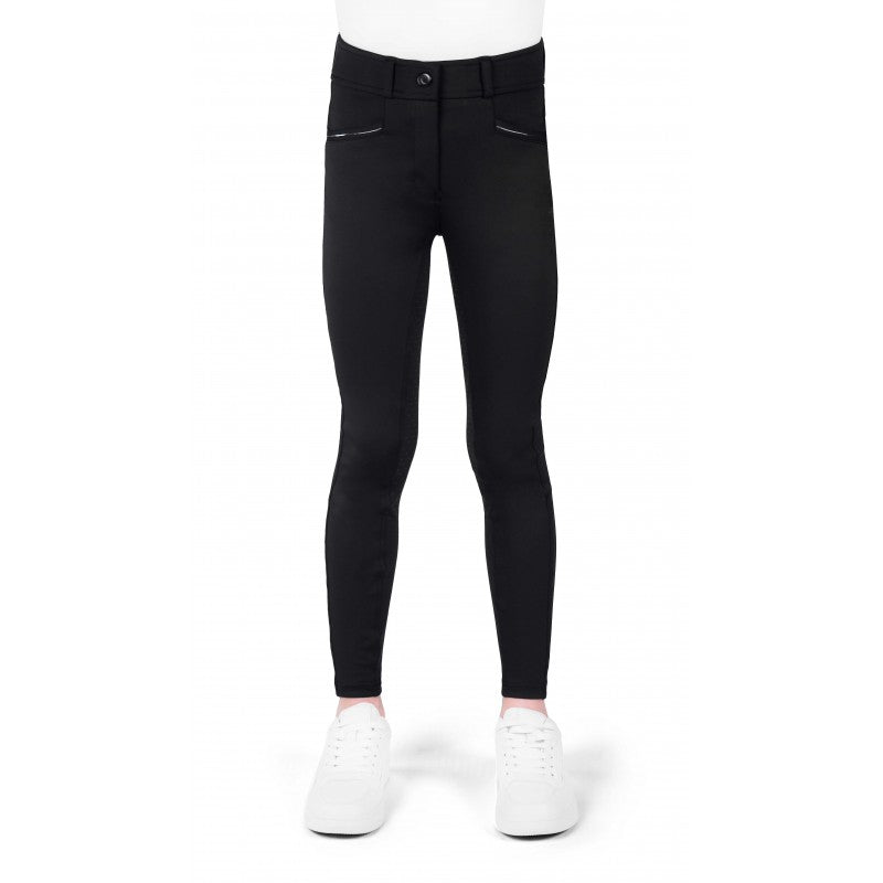 Carly Junior black riding leggings front view – full silicone seat kids equestrian tights by Equitheme