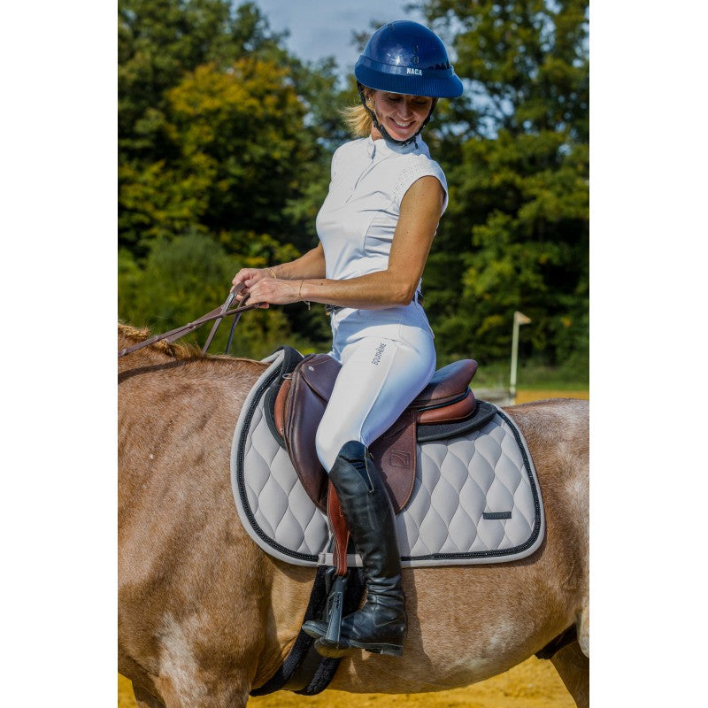 Judith navy sleeveless competition shirt front view – white stand-up collar and contrasting panels by Equitheme