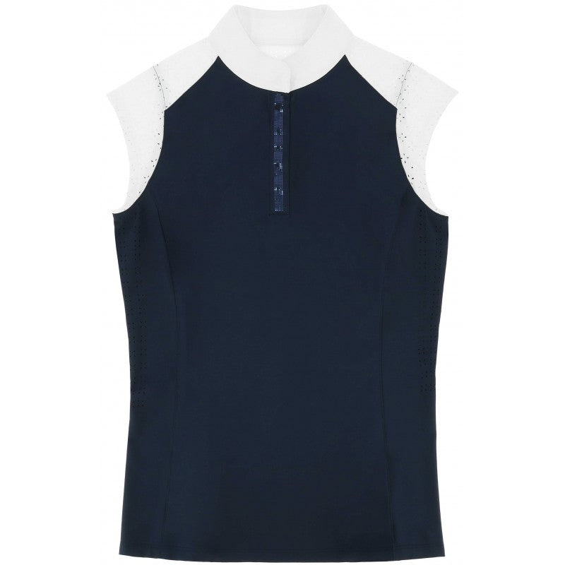 Judith navy sleeveless competition shirt front view – white stand-up collar and contrasting panels by Equitheme