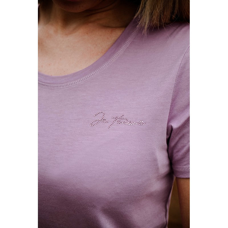 Close-up of Bonnie JTM lilac T-shirt rhinestone Je t'aime logo – kids equestrian tee by Equitheme