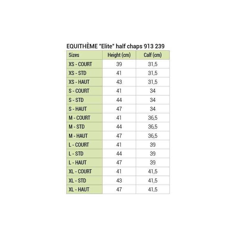 Size guide for Equitheme Elite half-chaps 913239 – height and calf measurements for XS to XL, short, standard and tall