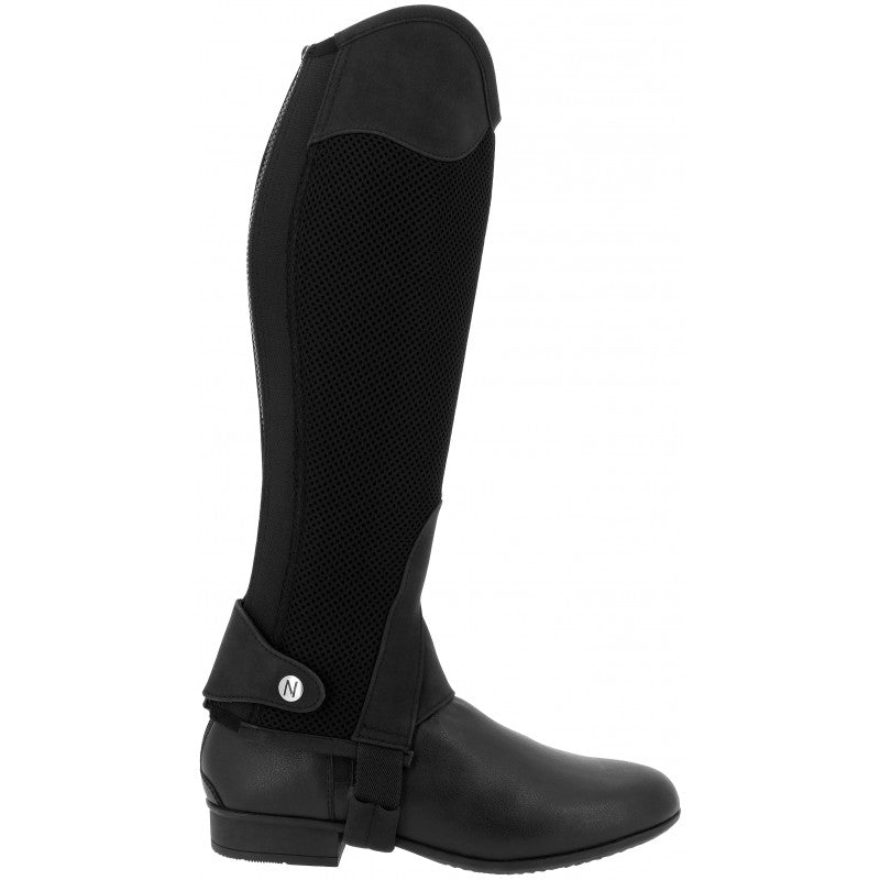 Norton Airflow half-chaps black – side view showing breathable mesh outer and PU lining with back zip closure at Ekkivibes