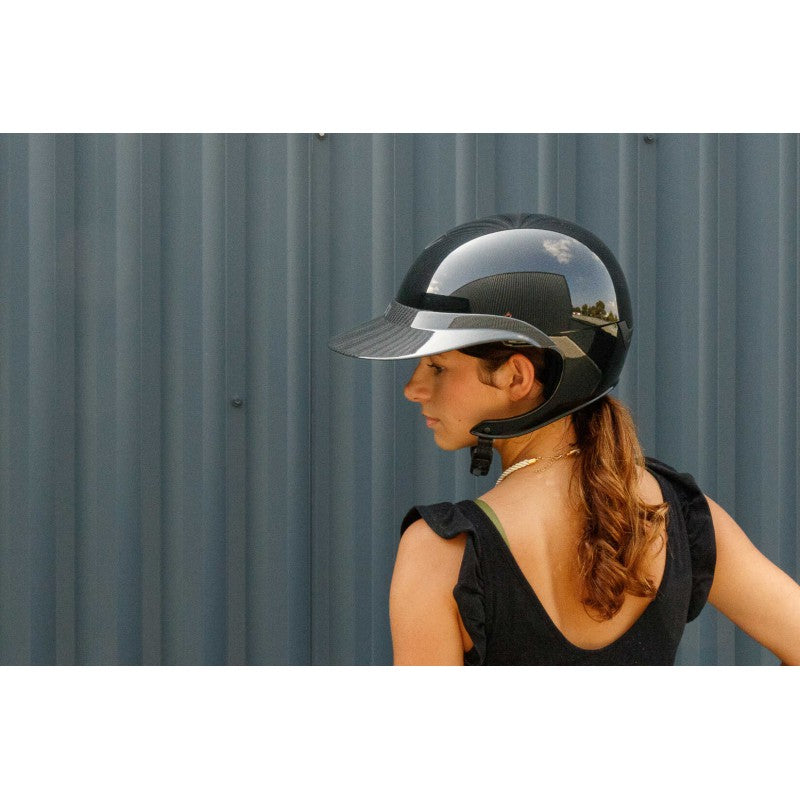 Woman Wearing NACA Comète XP Glow Helmet with Visor – Premium Equestrian Helmet