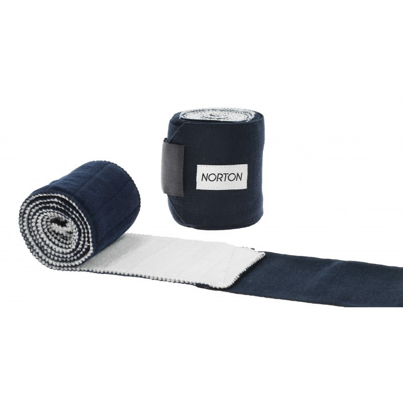 Norton navy 2-in-1 horse bandage set with terry cloth underband and elastic band unrolled – work and rest leg bandages sold in pairs at Ekkivibes