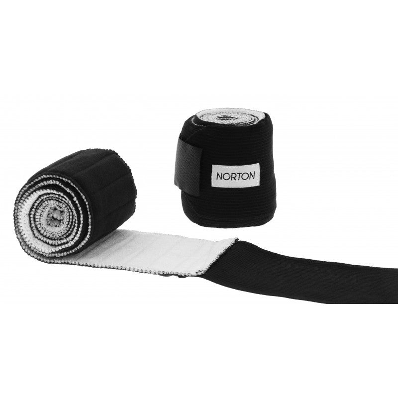 Norton black 2-in-1 horse bandage set with terry cloth underband and elastic band unrolled – work and rest leg bandages sold in pairs at Ekkivibes