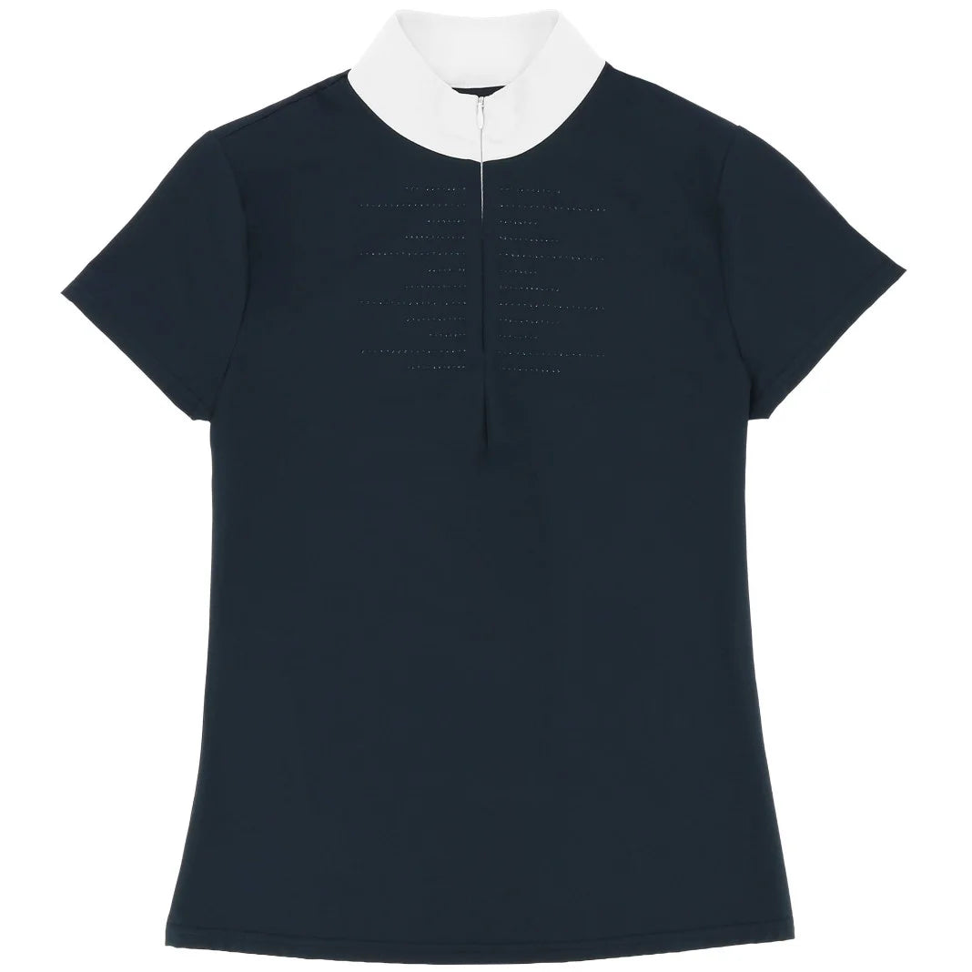 Suzanne navy junior competition polo shirt front view – zip closure and white collar by Equitheme at Ekkivibes