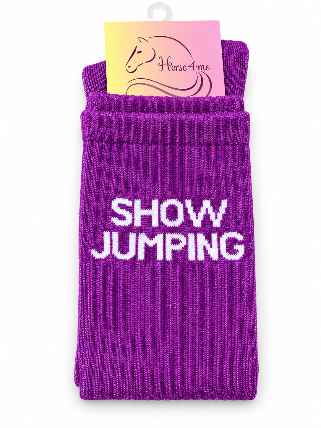 Purple glitter equestrian socks with quote "Show Jumping" – Horse4me