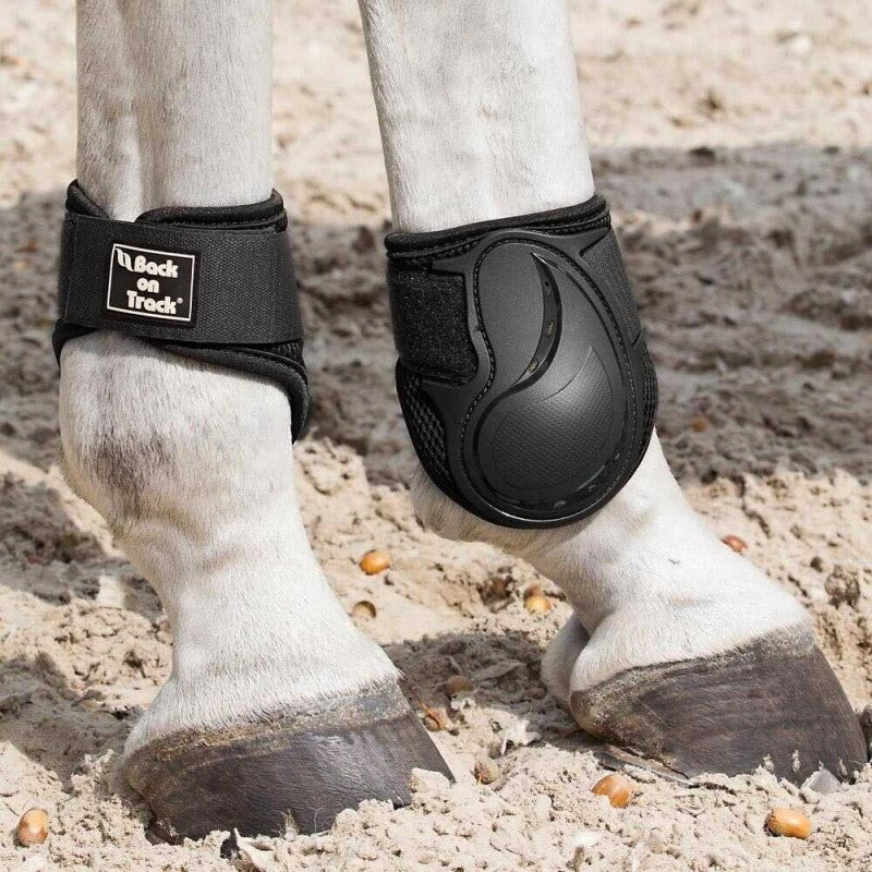 Back on Track Airflow black fetlock boots worn on white horse hind legs in sand arena – horse fetlock protection at Ekkivibes