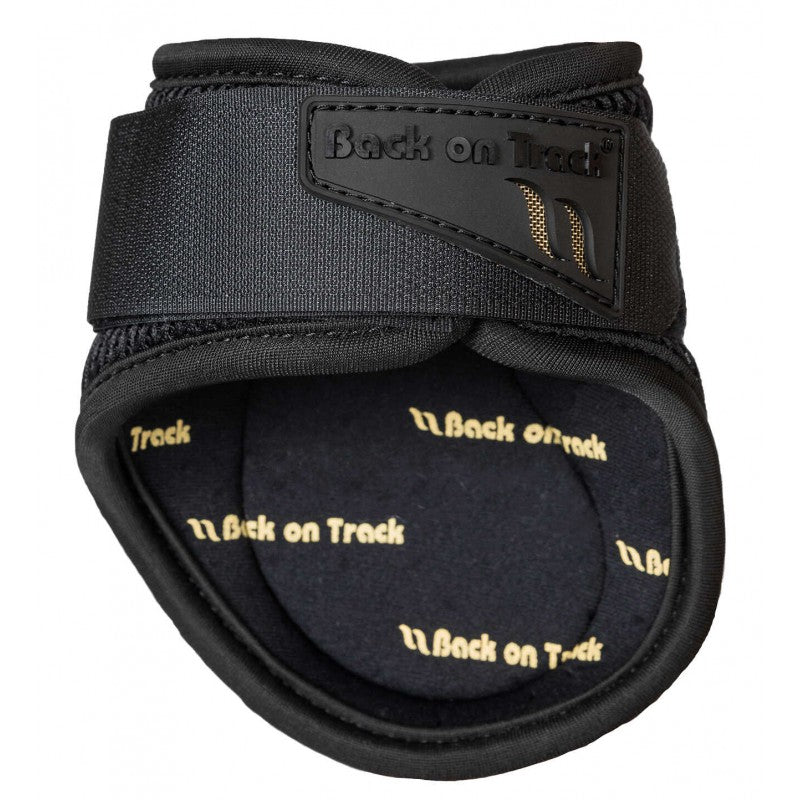 Back on Track Airflow black fetlock boot top view showing ceramic Welltex lining and Back on Track rubber badge – horse fetlock boot at Ekkivibes
