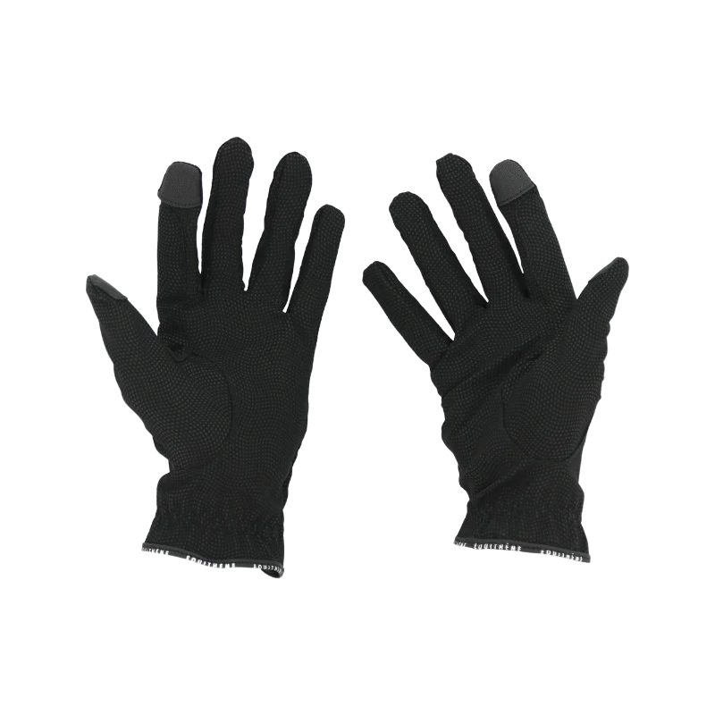 Equitheme Charlie black riding gloves pair back view showing touchscreen-compatible fingertips and stretch cuff – equestrian gloves at Ekkivibes