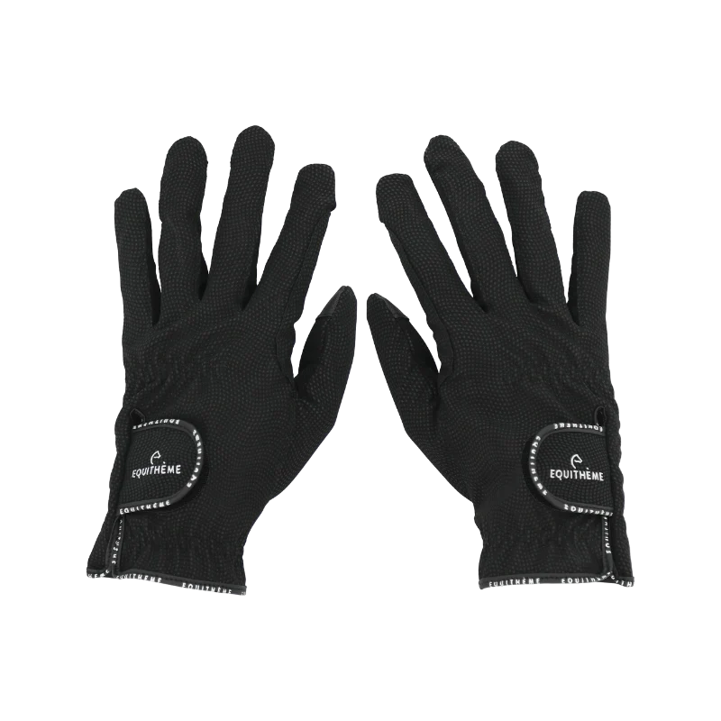 Equitheme Charlie black riding gloves pair palm view with Velcro closure and Equitheme logo badge – equestrian gloves at Ekkivibes