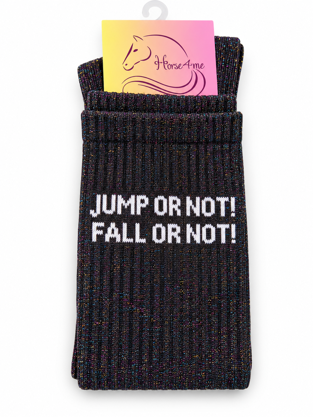 Black glitter equestrian socks with quote "Jump Or Not! Fall Or Not!" – Horse4me