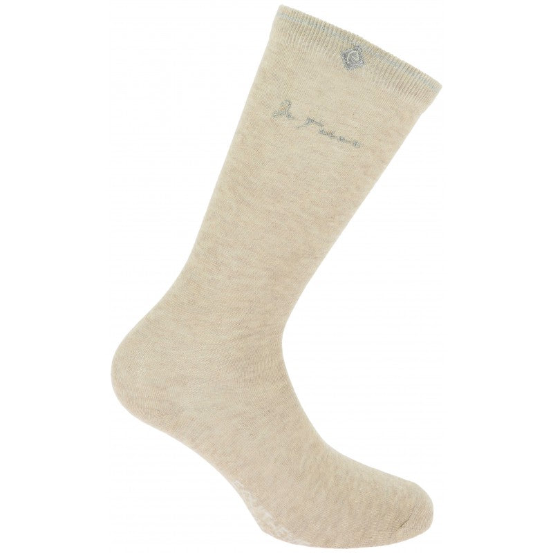 Equitheme Je t'aime beige riding sock with script print on white background – breathable equestrian sock at Ekkivibes