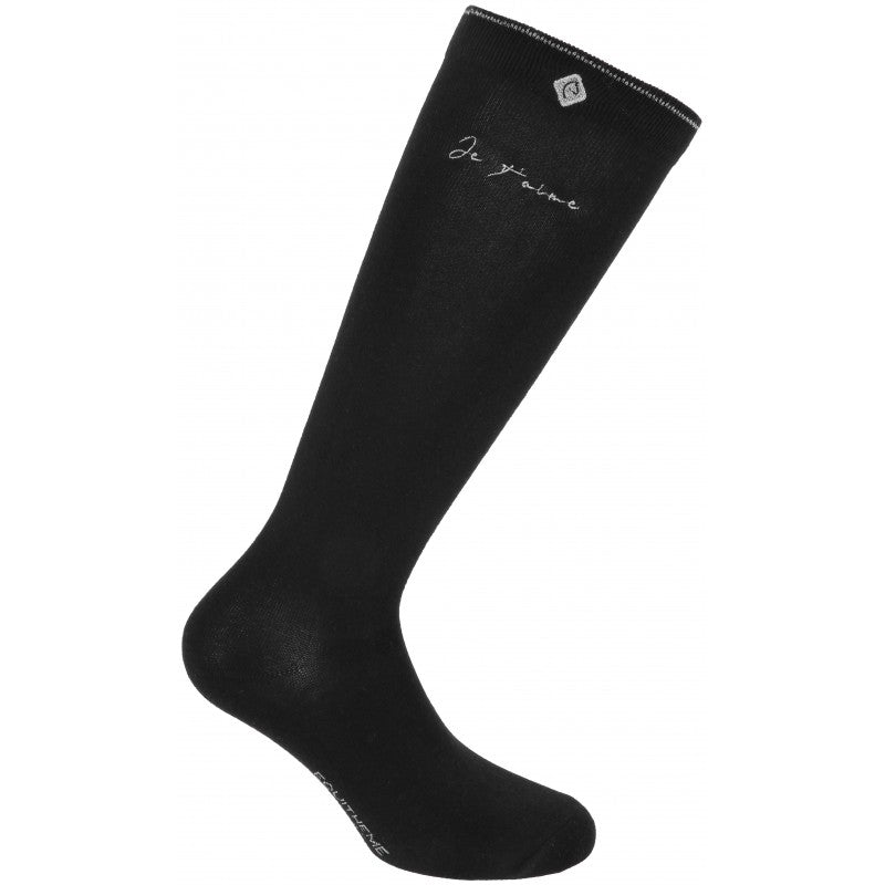 Equitheme Je t'aime black riding sock with script print on white background – breathable equestrian sock at Ekkivibes
