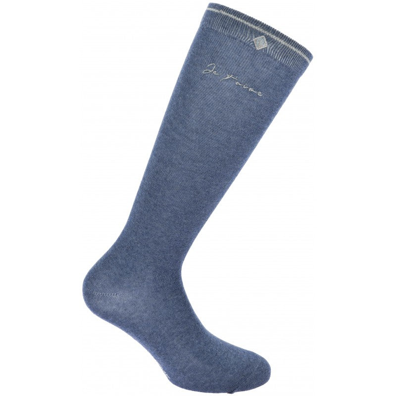 Equitheme Je t'aime blue riding sock with script print on white background – breathable equestrian sock at Ekkivibes