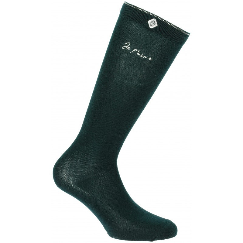 Equitheme Je t'aime khaki riding sock with script print on white background – breathable equestrian sock at Ekkivibes
