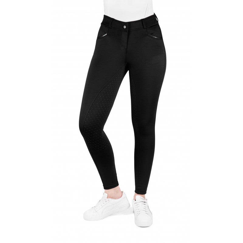 Carly black riding leggings front view – full silicone seat equestrian tights by Equitheme at Ekkivibes