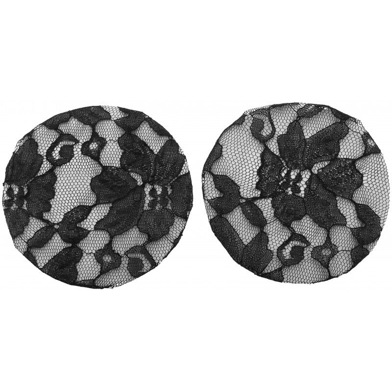 Equitheme Dentelle black lace hair bun nets pair flat lay showing floral lace pattern – equestrian hairnet at Ekkivibes
