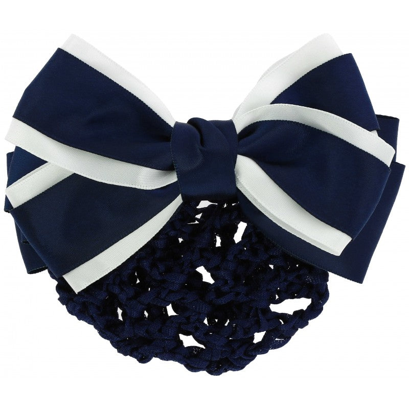Equitheme Duo navy and white two-tone satin bow hair clip with integrated navy hairnet and metal barrette – equestrian hair accessory at Ekkivibes