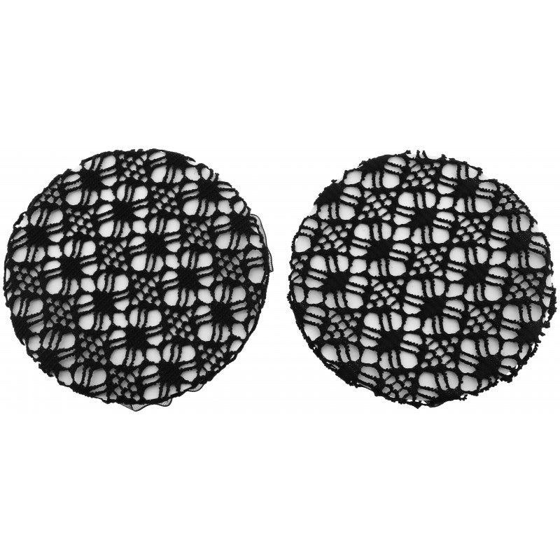Equitheme Floral black fishnet hair bun nets pair flat lay showing floral mesh pattern – equestrian hairnet at Ekkivibes