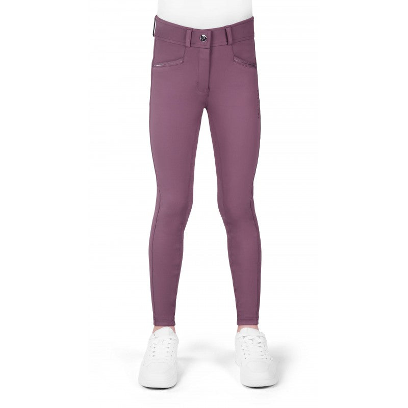 Carly Junior lilac riding leggings front view – full silicone seat kids equestrian tights by Equitheme