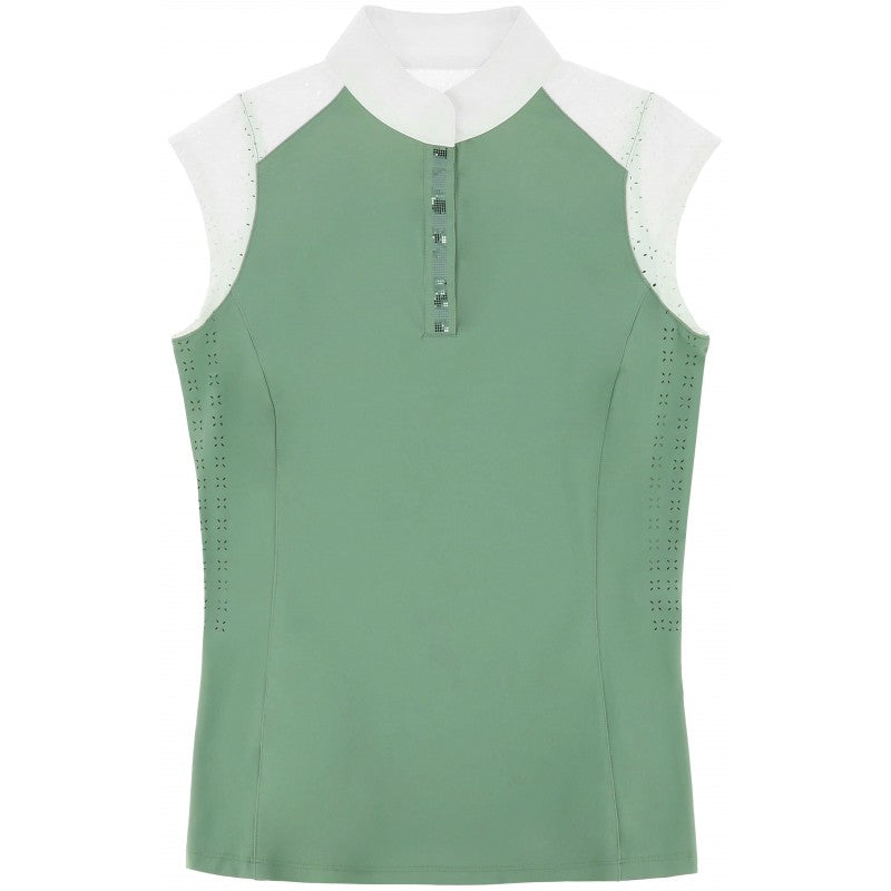 Judith light green sleeveless competition shirt front view – laser-cut detail and rhinestone placket by Equitheme