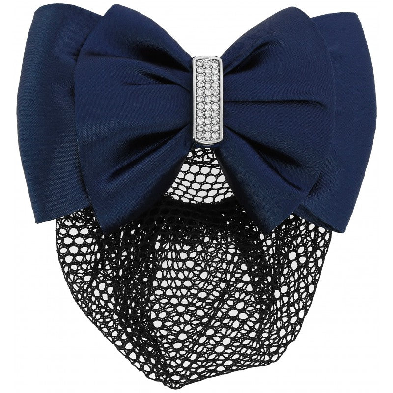 Equitheme Strass navy satin bow hair clip with rhinestone ring and integrated black hairnet flat lay – equestrian hair accessory at Ekkivibes