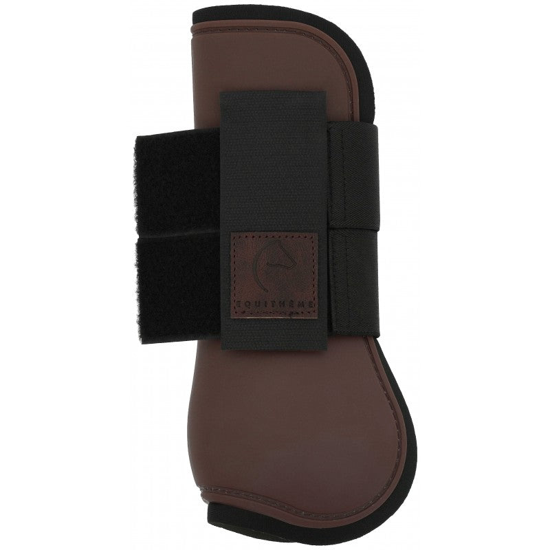 Equitheme Tara brown tendon boot with elastic bands and leather-effect patch – horse tendon boot at Ekkivibes