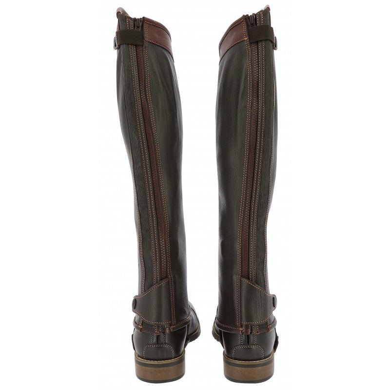 Equitheme Elite full-grain leather half-chaps dark brown – back view showing YKK zip and elastic calf support at Ekkivibes