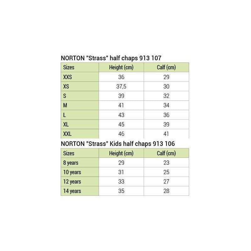 Size guide for Norton Strass half-chaps 913 106 (kids 8–14 yo) and 913 107 (adult XXS–XXL) – height and calf measurements