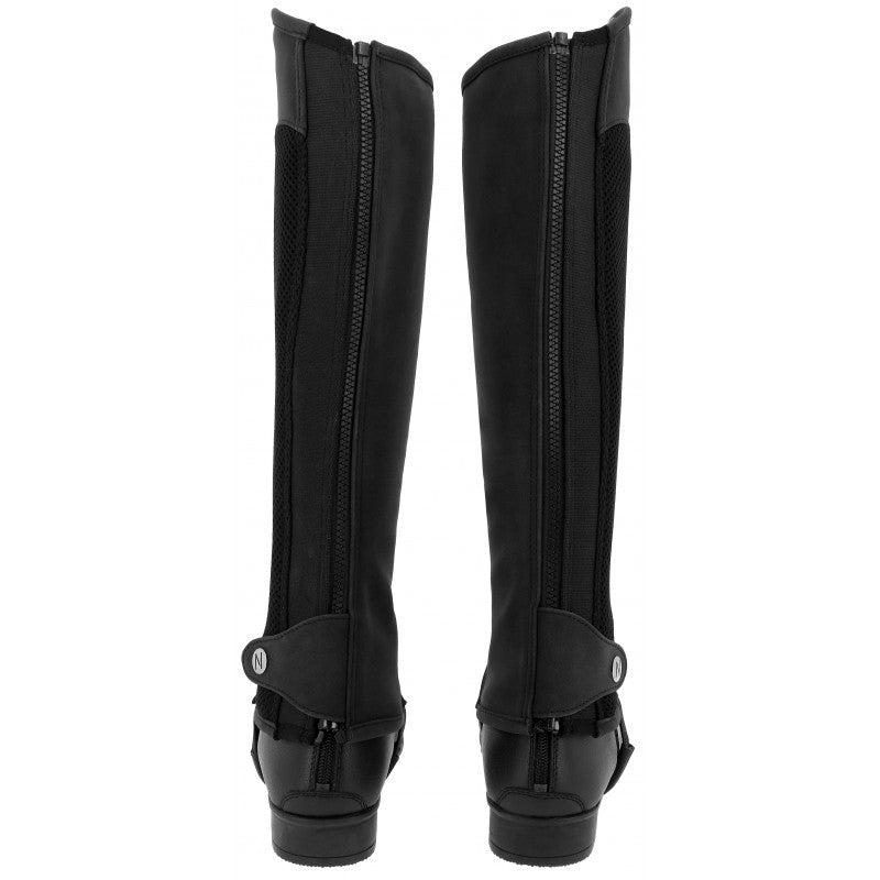 Norton Airflow half-chaps black – back view showing YKK zip, elasticated panel and snap button closure at Ekkivibes