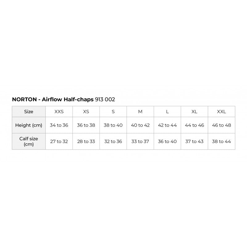 Size guide for Norton Airflow half-chaps 913 002 – height and calf measurements for XXS to XXL