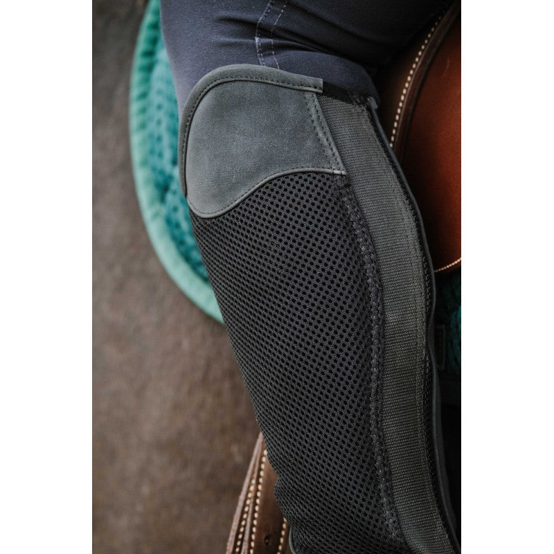 Close-up of Norton Airflow half-chaps breathable mesh fabric and PU inner lining – summer riding chaps at Ekkivibes