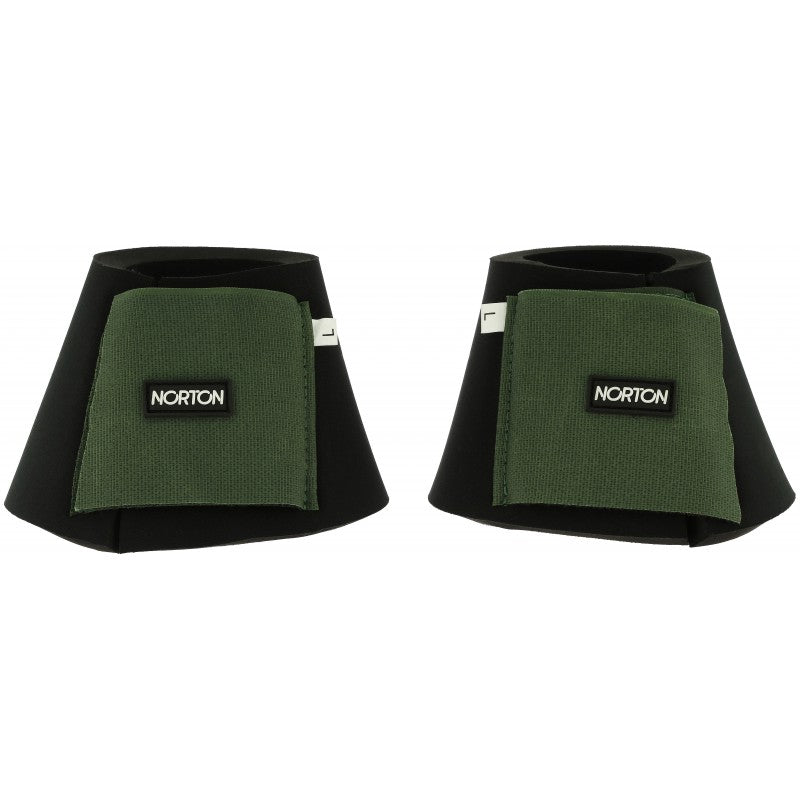 Norton Color bell boots in green with black neoprene shell and double Velcro closure – 14mm horse bell boots sold in pairs at Ekkivibes