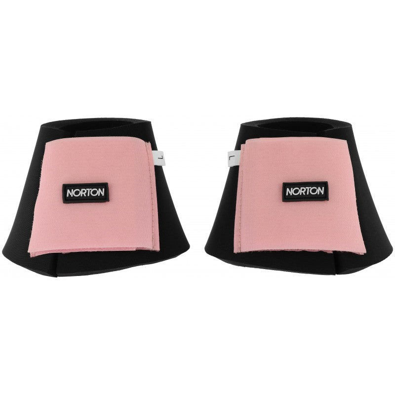 Norton Color bell boots in pink with black neoprene shell and double Velcro closure – 14mm horse bell boots sold in pairs at Ekkivibes
