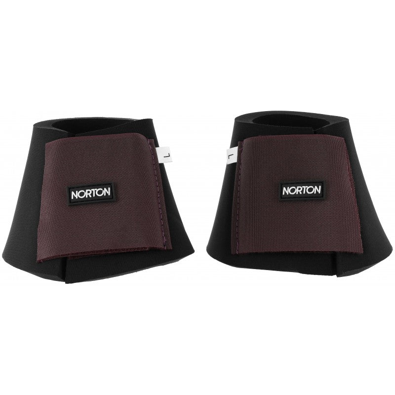 Norton Color bell boots in plum with black neoprene shell and double Velcro closure – 14mm horse bell boots sold in pairs at Ekkivibes
