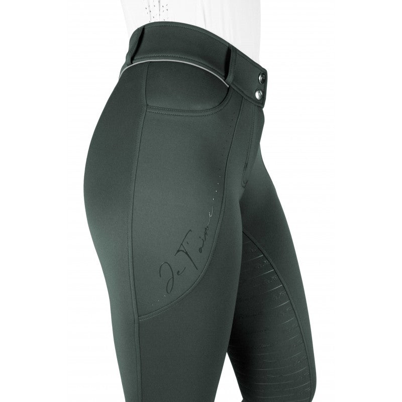 Elsa JTM khaki riding breeches side detail – Je t'aime Equithème rhinestone logo and full silicone seat