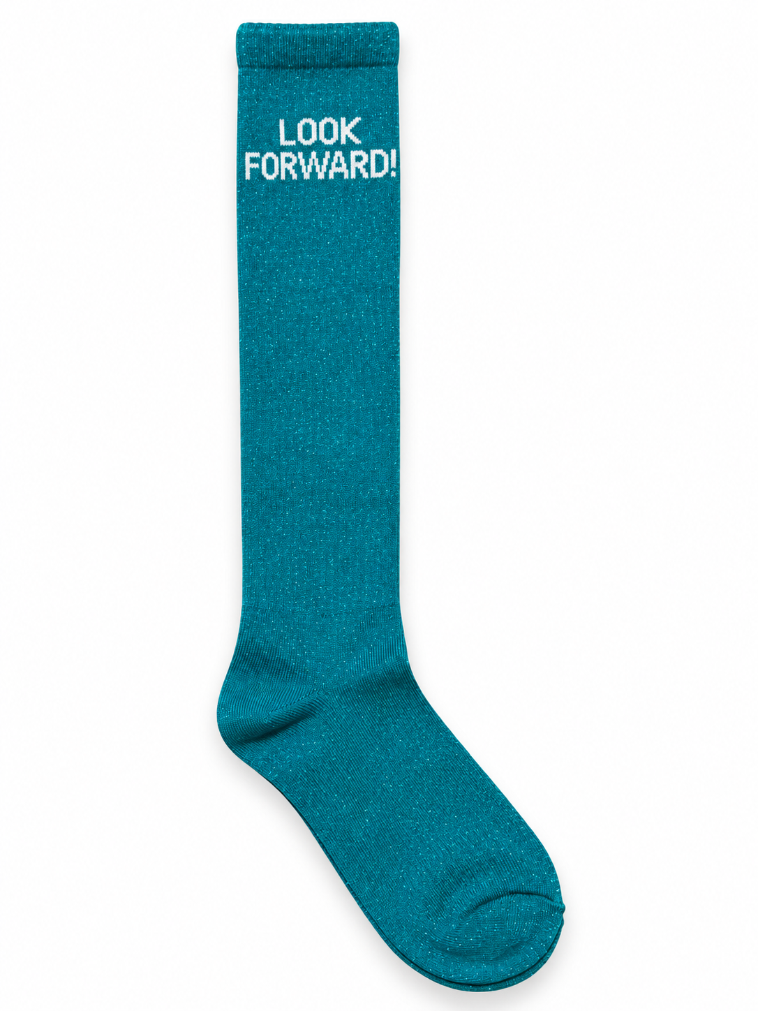 Teal glitter equestrian socks with quote "Look Forward!" – Horse4me